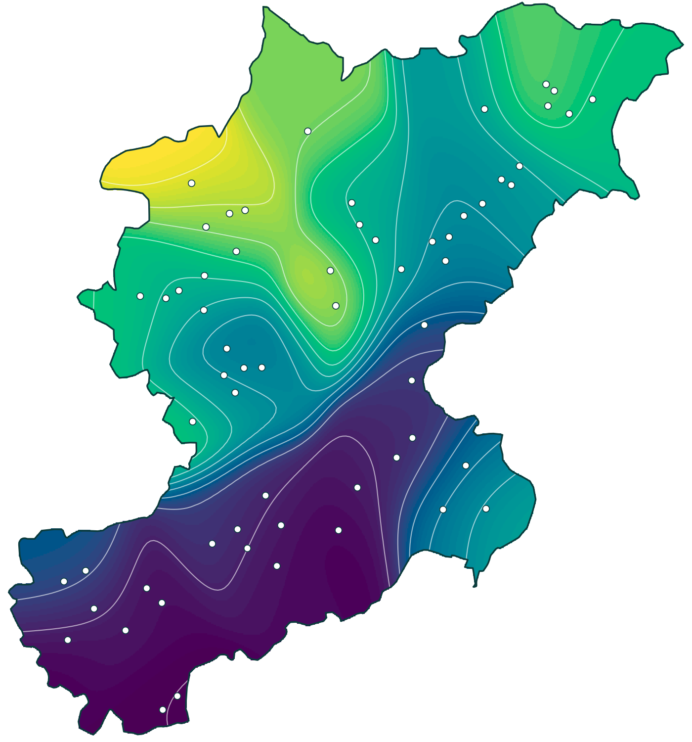 Interpolated surface clipped on the border of the province of Belluno, with contour lines and the 61 data points