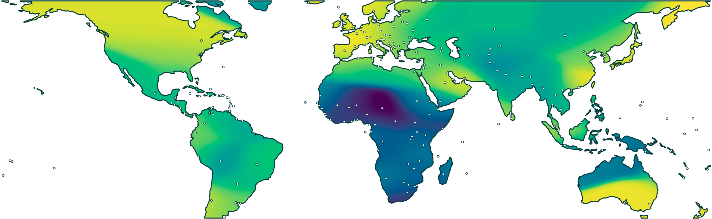 World map of life expectancy at birth interpolated from 211 country values, clipped on land